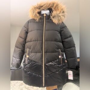 Michael Kors Black Puffer Jacket with Faux Fur Trim